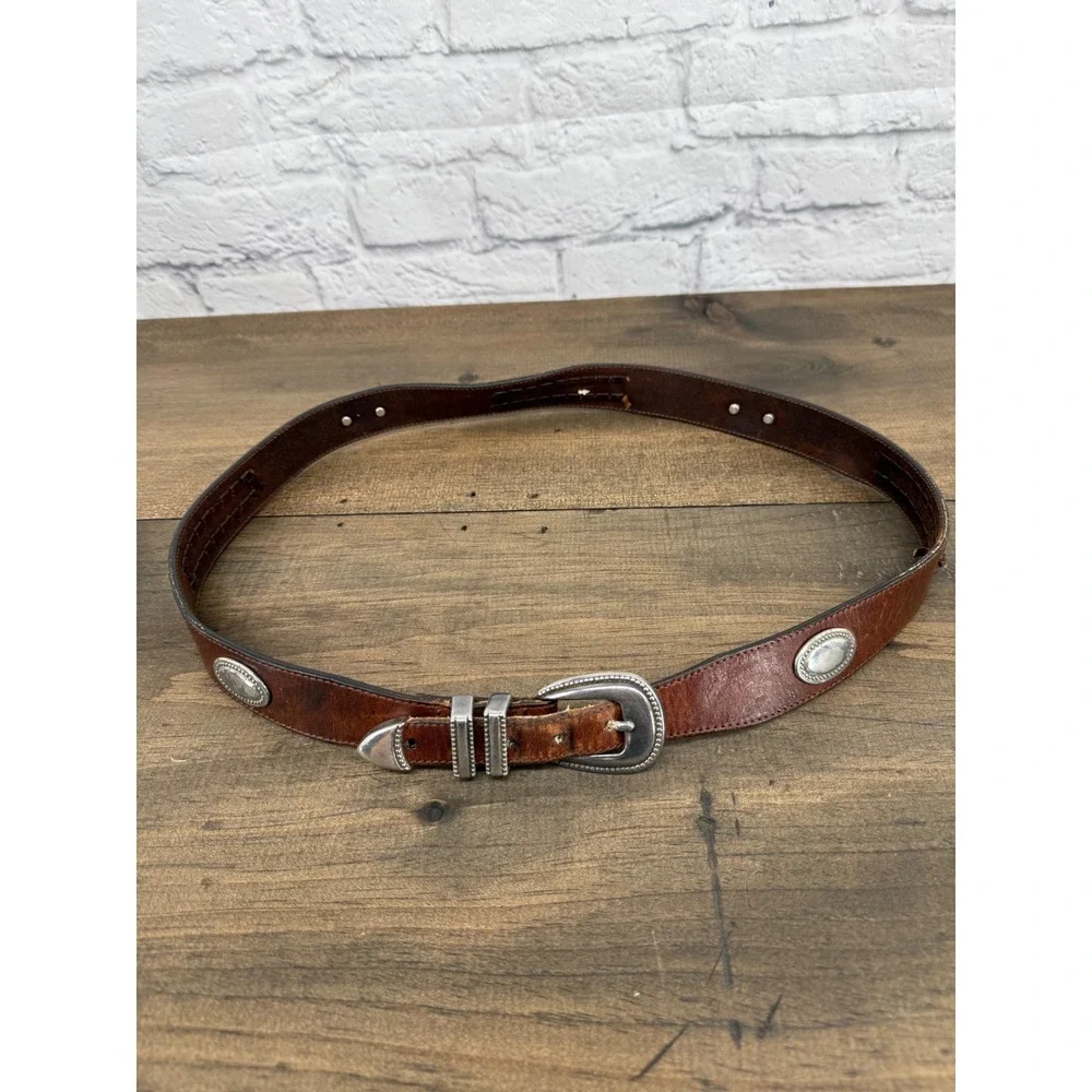 Vintage Brown Leather Western Concho Belt Silver Buckle Boho Cowboy Unisex 40